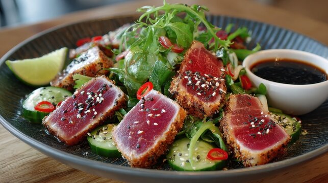 Seared tuna salad with fresh greens and citrus soy dressing for gourmet cuisine