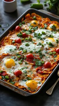 Delicious baked huevos rancheros with fresh cilantro and cherry tomatoes