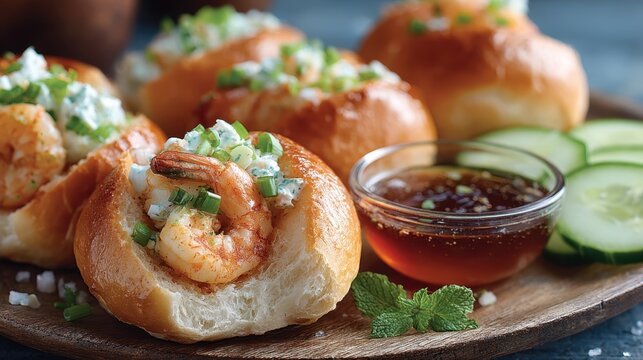 Gourmet shrimp rolls with herb dressing and sweet dipping sauce for elegant dining