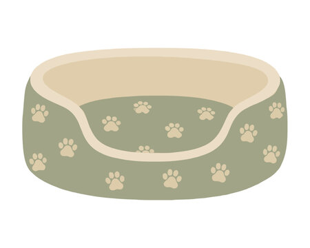 Hand-drawn vector illustration of a cozy green dog bed decorated with cream paw print pattern, isolated clipart for pet accessories, nursery decor, and animal-themed designs, perfect flat style