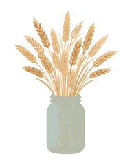 Naklejka premium Hand-traced vector illustration of golden dried wheat stalks arranged in a pale blue-green mason jar, rustic farmhouse decorative botanical icon design element