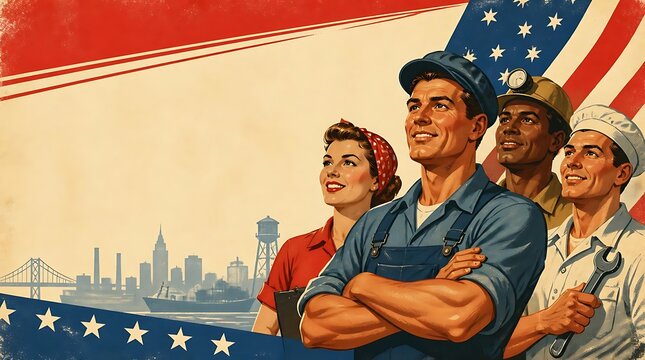 Vibrant patriotic artwork depicting diverse individuals celebrating national pride with a city skyline in the background and patriotic symbols emphasizing unity and community spirit