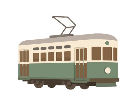 Vintage retro green and cream streetcar tram vector illustration icon, classic public transport with overhead pantograph, wooden brown doors, and rounded roof design on isolated white background