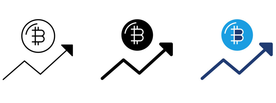 Bitcoin price growth icon with upward arrow line chart. Symbol of cryptocurrency surge, bull market trend, BTC value gain, financial success, profit, and digital asset growth.