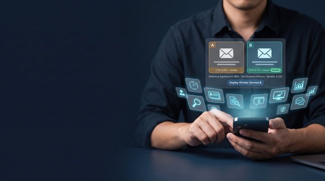 A B testing dashboard comparing email campaign performance with winning conversion results, marketing analytics, optimization, and digital business technology with clean copy space