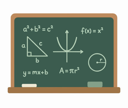 Hand drawn vector icon of a classroom blackboard filled with math formulas, a right triangle, parabola graph, circle, and chalk illustrations for education themes