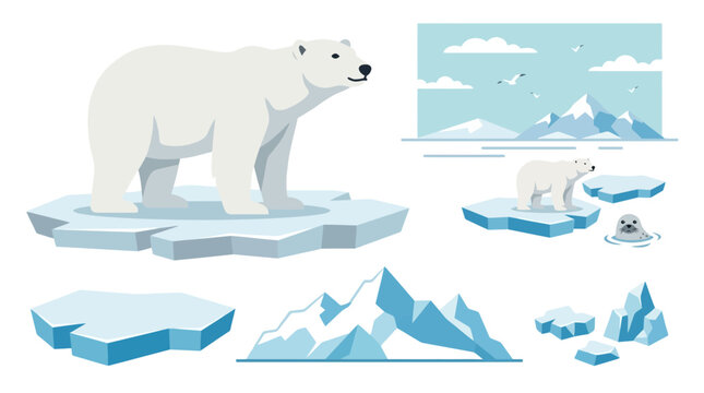 A collection of polar bear illustrations with icebergs and arctic landscape elements.