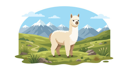 Naklejka premium A cute white alpaca standing in a grassy field with mountains in the background.