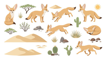 Fototapeta premium A collection of cute fennec foxes in various poses and desert elements.