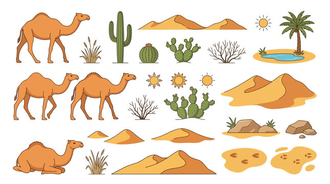 Collection of desert elements including camels cacti sand dunes and palm trees.
