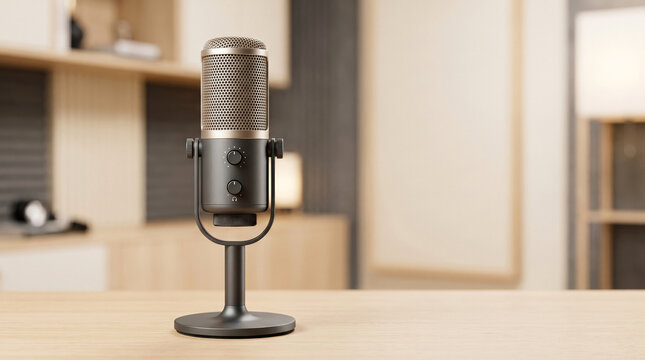 Professional microphone stands ready for recording in modern home studio.