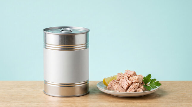 Tuna can and fresh tuna on plate in kitchen setting