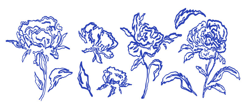 Hand drawn blue ink grunge peony flower sketch collection with leaves and stems, bold floral vector set for greeting card, wedding invitation, and decoration design.
