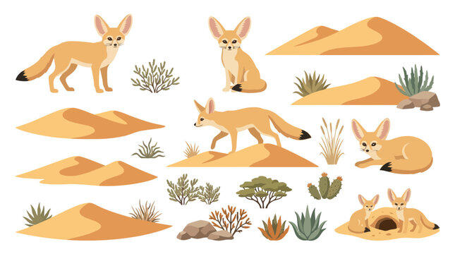 A collection of cute fennec foxes in various poses with desert landscape elements.