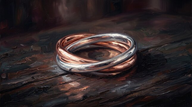 Intertwined silver and copper rings on a wooden surface  