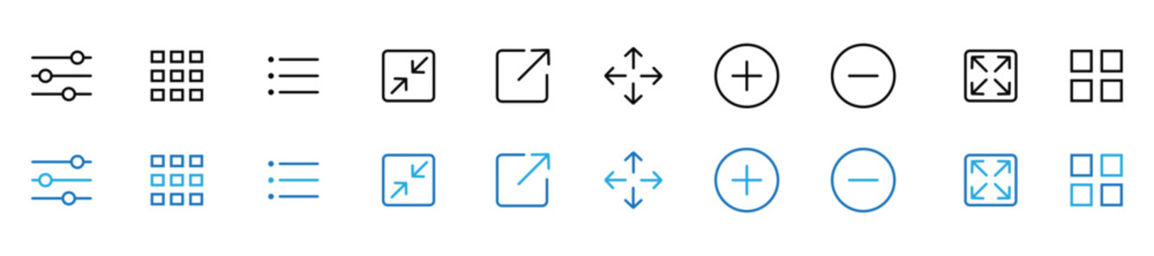 Layout control icons. Sliders grid list collapse expand move zoom in zoom out fullscreen view. Display navigation icon set. interface control icons collection. collection of layout icons in vector, 