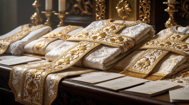 Ornate liturgical garments with gold thread embroidery are neatly folded on altar. Candles, ornate candle holders are visible in background, suggesting religious ceremony or event is about to begin.