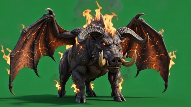Fiery demonic ram with wings and glowing hot cracks green screen fx 4k