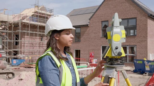 Surveying work takes place at a construction site with a female surveyor using equipment during daylight hours