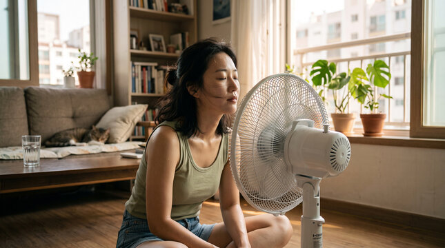 Young woman cooling with electric fan. Female relaxing at home during hot summer weather.