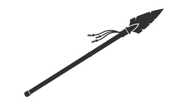 Ancient tribal hunting spear vector illustration featuring a sharpened stone tip and decorative leather tassel fringe