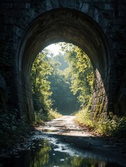 Naklejka premium Stone archway over a path leads into a sunlit forest. Lush green trees and foliage surround the area. Wet ground reflects light near the entrance.