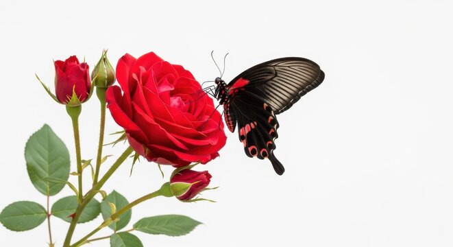 Red Rose Flowers With Butterfly Isolated For Romantic Floral And Nature Design