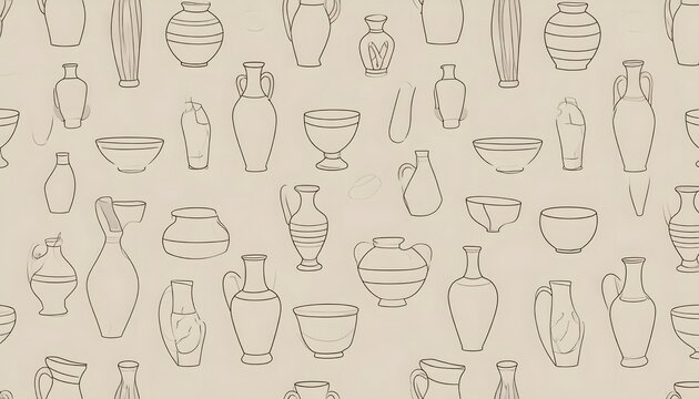 Seamless hand drawn pottery vector pattern with ancient ceramic vases pitchers and urns.