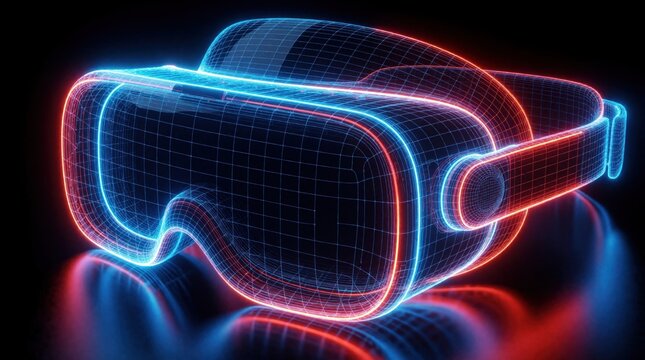 Wireframe virtual reality headset glows with neon blue and red light on black background. Immersive tech innovation, futuristic cyberspace exploration, digital entertainment and gaming.