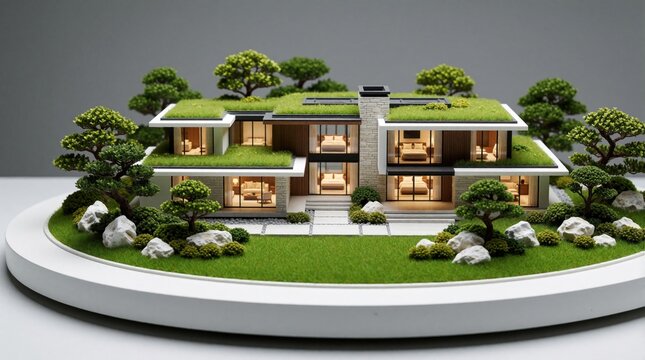 Modern luxury villa miniature model with green roof, eco landscaping on white circular base. Small scale architectural prototype features sustainable garden, trees, contemporary home design. Real