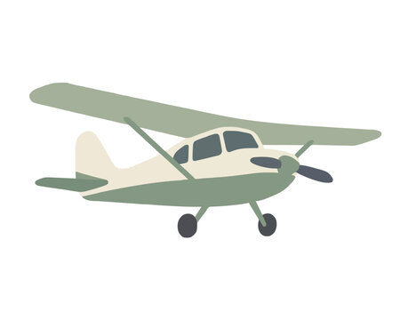 Hand-traced vector illustration of a charming small propeller plane with sage green wings and cream fuselage, depicted in a clean flat icon style on a plain white background, perfect for travel themes