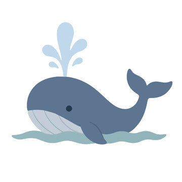 Charming hand-drawn vector illustration of a smiling cartoon whale spouting water droplets above wavy ocean waves in soft blue tones for nautical designs