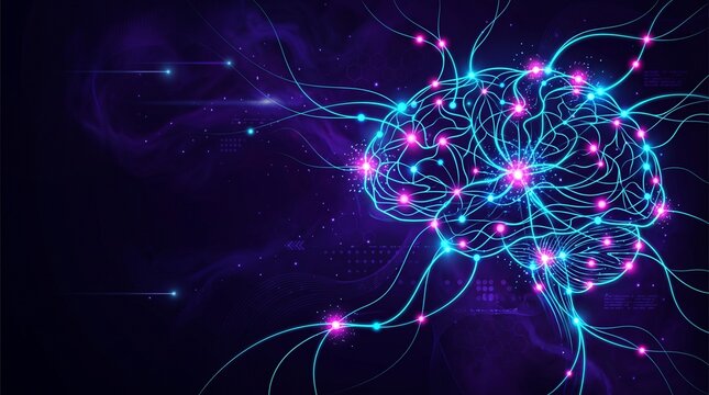 Futuristic Dark Artificial Intelligence Background with Glowing Neon Neural Network and Copy Space