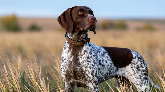 German shorthaired pointer standing alert in field