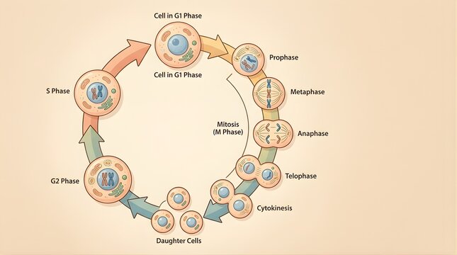 Cell cycle diagram showing mitosis phases and division for biological study