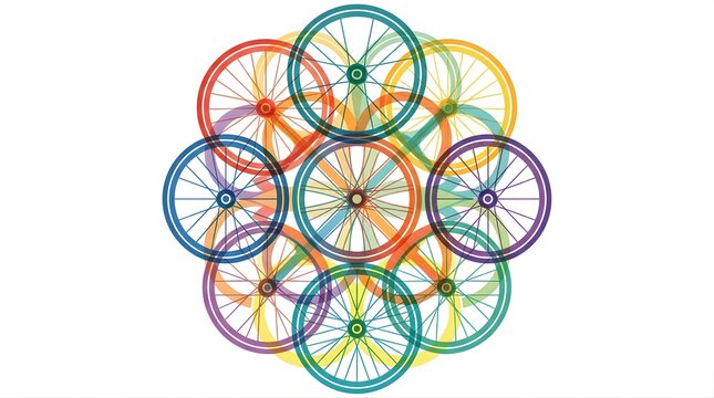Colorful overlapping bicycle wheel pattern arranged in a geometric circle