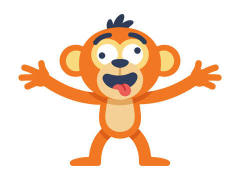 Cute monkey character making a silly face. Funny cartoon orange monkey sticking tongue out with open arms. Flat vector illustration
