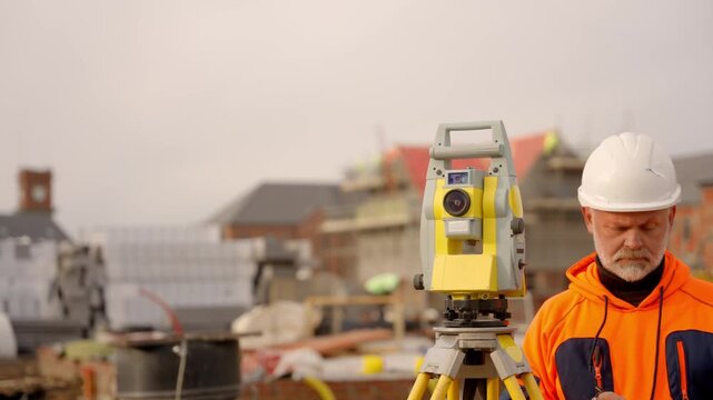 Surveyor uses equipment for land measurement in construction site at dusk