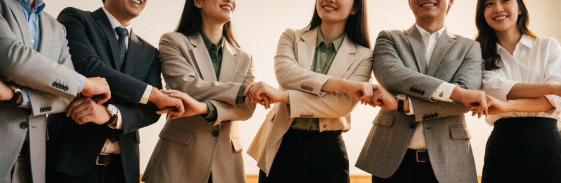 Diverse business colleagues link arms forming a chain. People in suits show unity and partnership. Teamwork success is evident in this pro group photo.