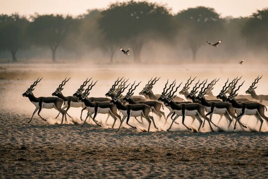 Herd of blackbuck antelopes runs across dry dusty plain at sunrise. Animals with spiral horns move together kicking up sand. Birds fly overhead over savanna.