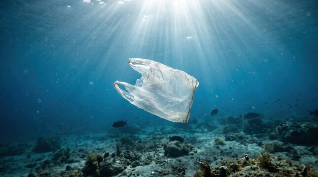 Plastic bag floating underwater in ocean, marine pollution and environmental crisis, sunlight rays through water surface, coral reef ecosystem damage caused by human waste