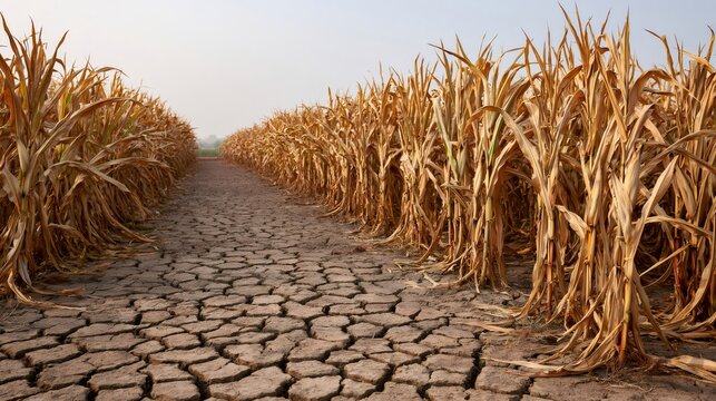 Dry corn field showing drought conditions and cracked earth