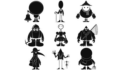 Naklejka premium Surreal black silhouette characters set, 9 unique monster icons, abstract creature vector illustrations for gaming and design