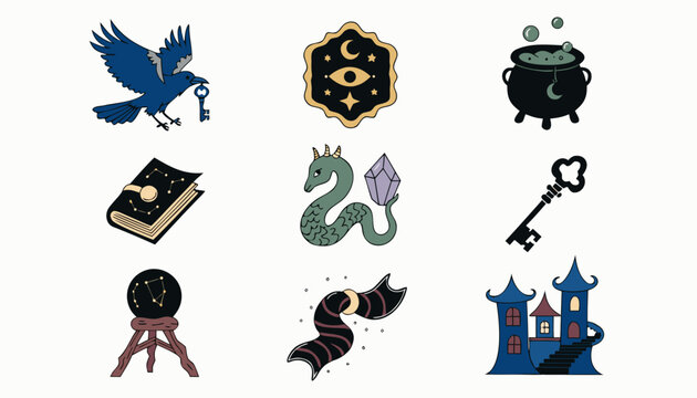 Mystical magic icon set with 9 vector elements. Celestial occult symbols, gothic raven and crystal ball. Dark fantasy witchcraft illustrations.