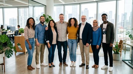 Fototapeta premium Diverse group of seven smiling colleagues of different ages posing together in a bright modern office with large windows, plants, and city view, teamwork and corporate diversity