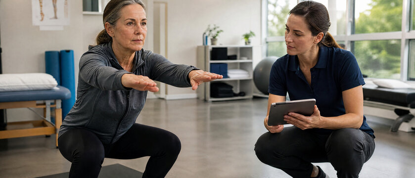 Mature woman performing squat exercise with female trainer in modern physical therapy studio, demonstrating balance and strength during rehabilitation session