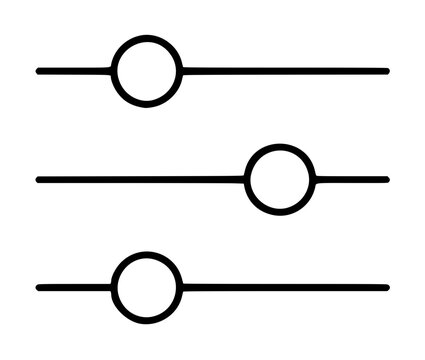 Minimalist black vector icon featuring three horizontal slider control lines with circular knobs for adjusting parameters and settings