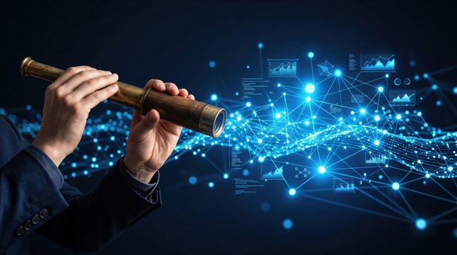 Hands holding vintage brass telescope viewing futuristic digital network with connected nodes and data visualization graphs, strategic foresight business intelligence market