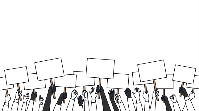 Diverse crowd holding blank protest signs for social activism message