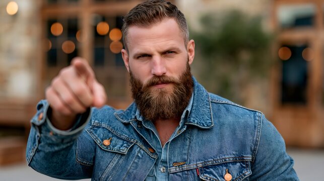 Confident man with beard pointing finger directly